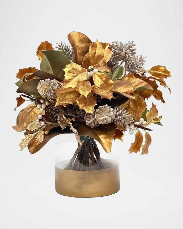 Pine Holly 12" Faux Floral Arrangement in Golden Cylinder